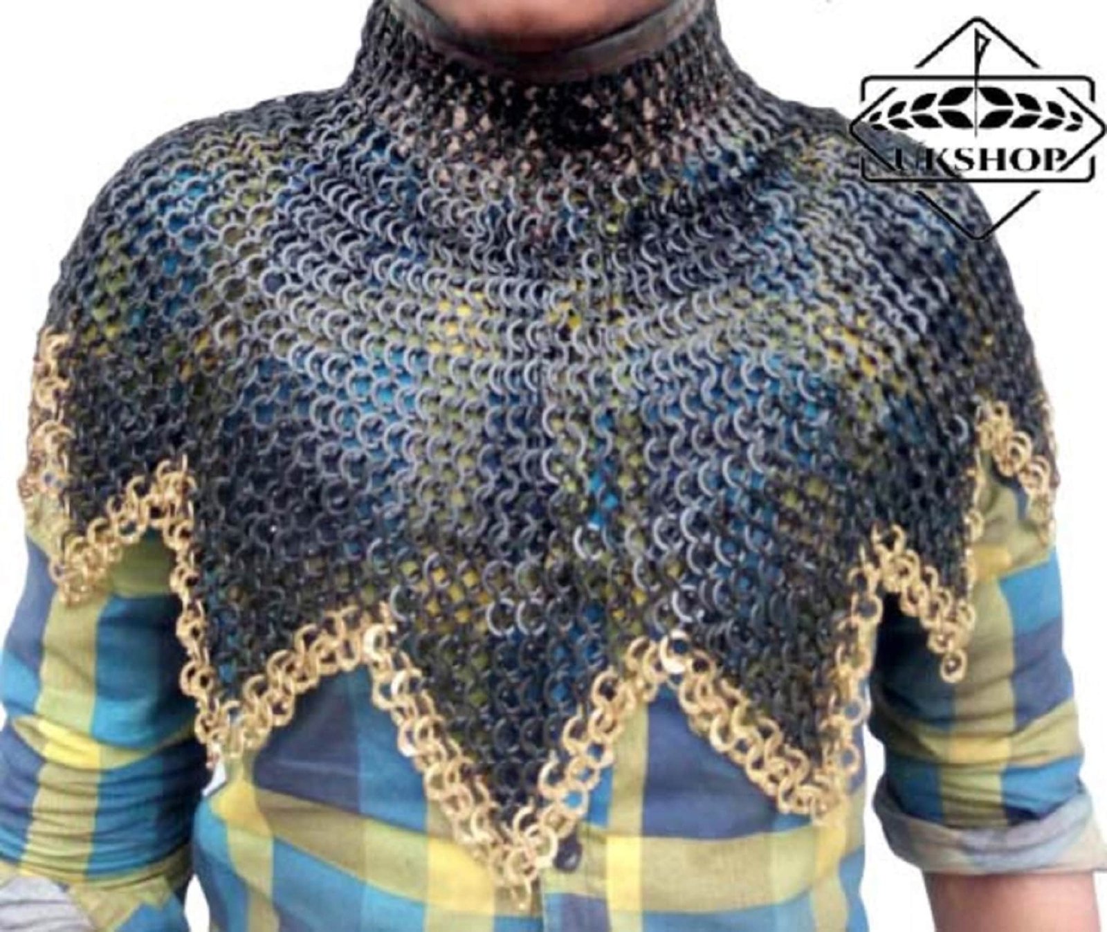 Chainmail Collar 9mm Flat Ring Riveted with Washer Brass Trim