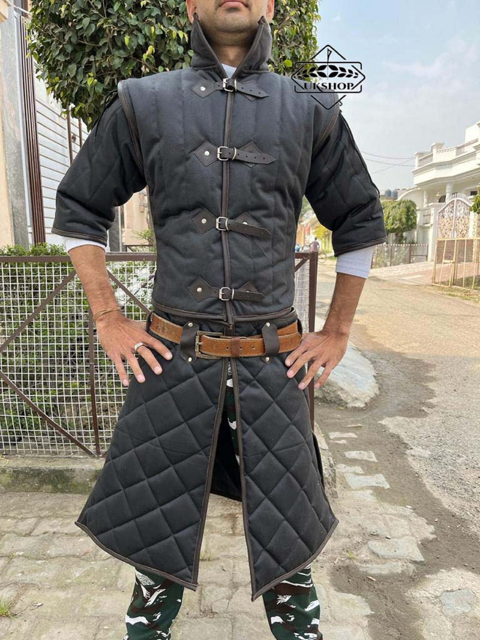Medieval Gambeson with Black Leather Trimmed, Thanks giving gift