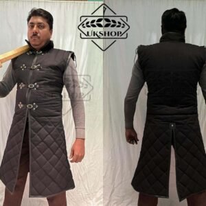 Medieval Sleeveless Long Gambeson with Black Leather Trimmed, Thanks giving gift