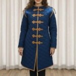 Medieval Gambeson Royal Blue with Brown Leather Trim